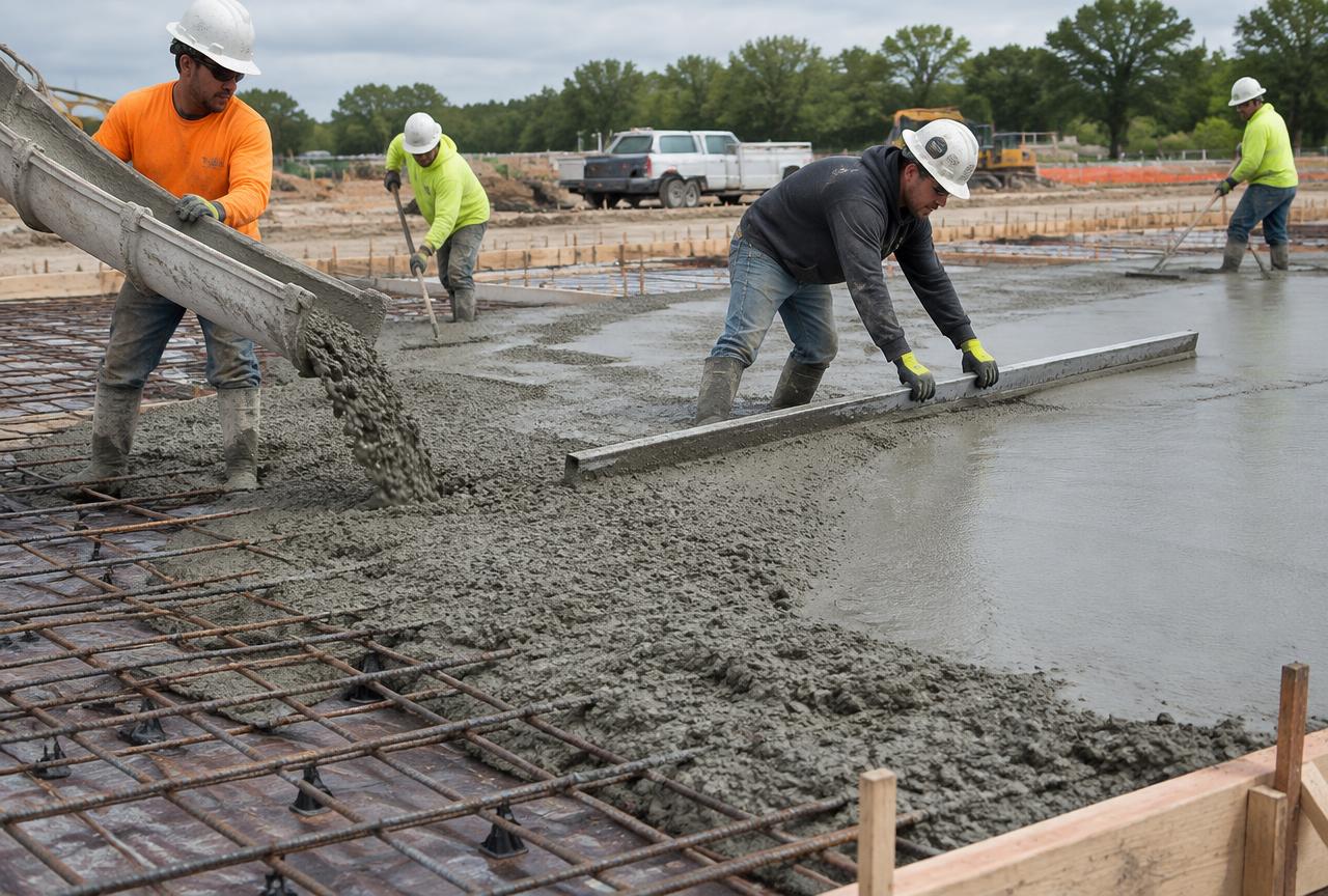 Maxcon Concrete crew pouring and screeding a reinforced concrete slab in Gibsonia, PA